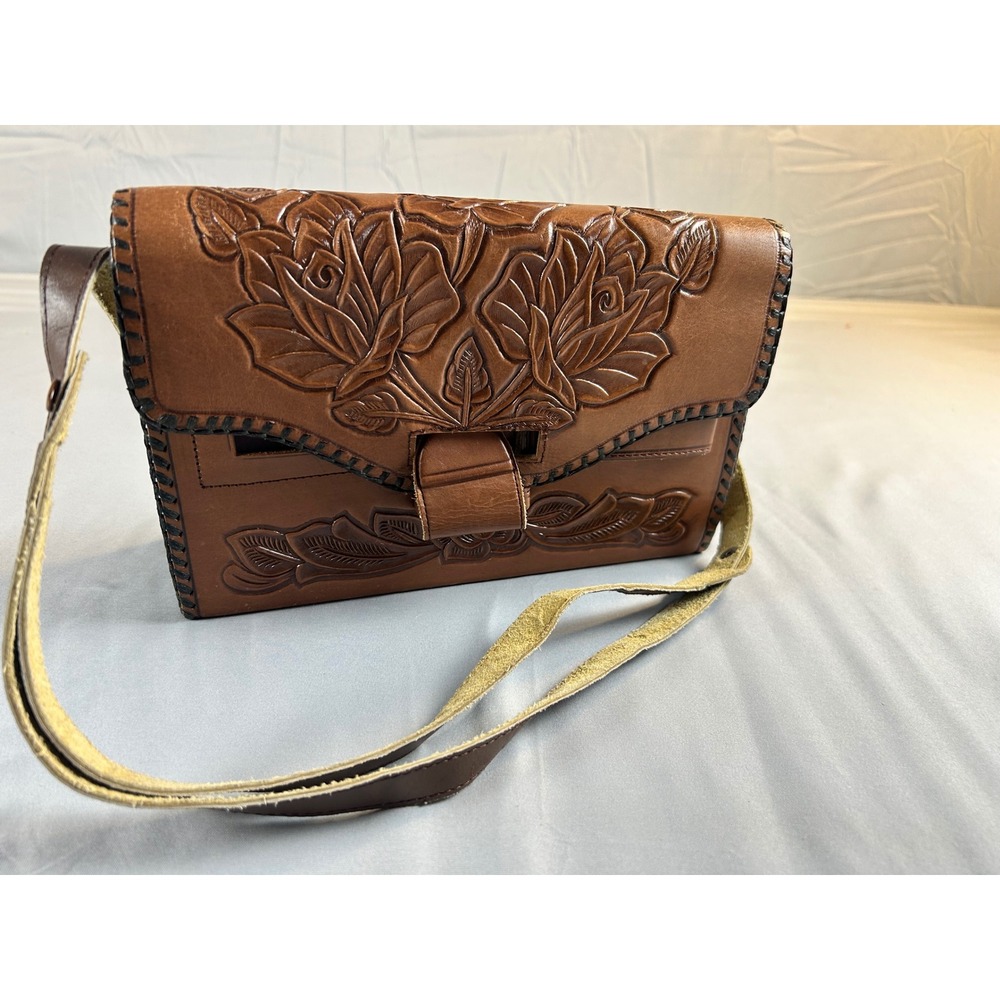 Pymsa Mexico Vintage Hand Tooled Leather Floral Shoulder Bag Tan Whipstitch Trim